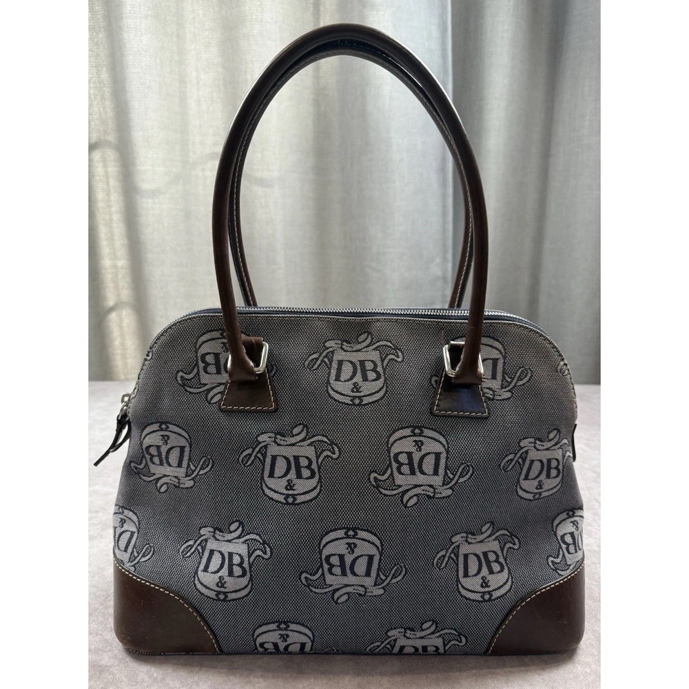 Dooney & Bourke Logo Dome  Zip‎ Satchel Handbag Blue Canvas Brown Leather Crest